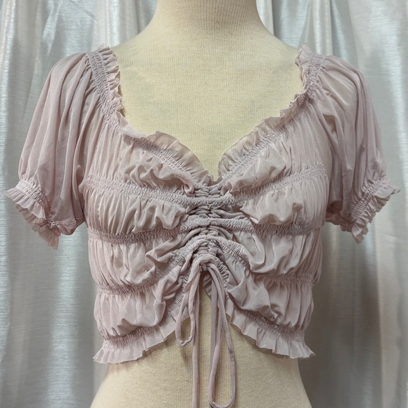 GARAGE Delicate soft pale sheer light Lavender Ruched Crop Top 4 - Picture 1 of 6